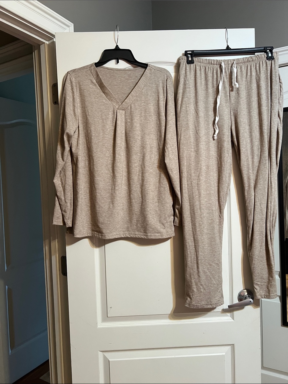Cozy V-Neck Long Sleeve Pajama Set in Light Taupe